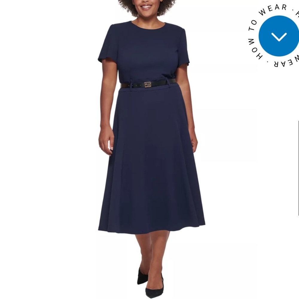 Calvin Klein Plus Size Belted A-Line Dress Navy Fit and Flare Dress